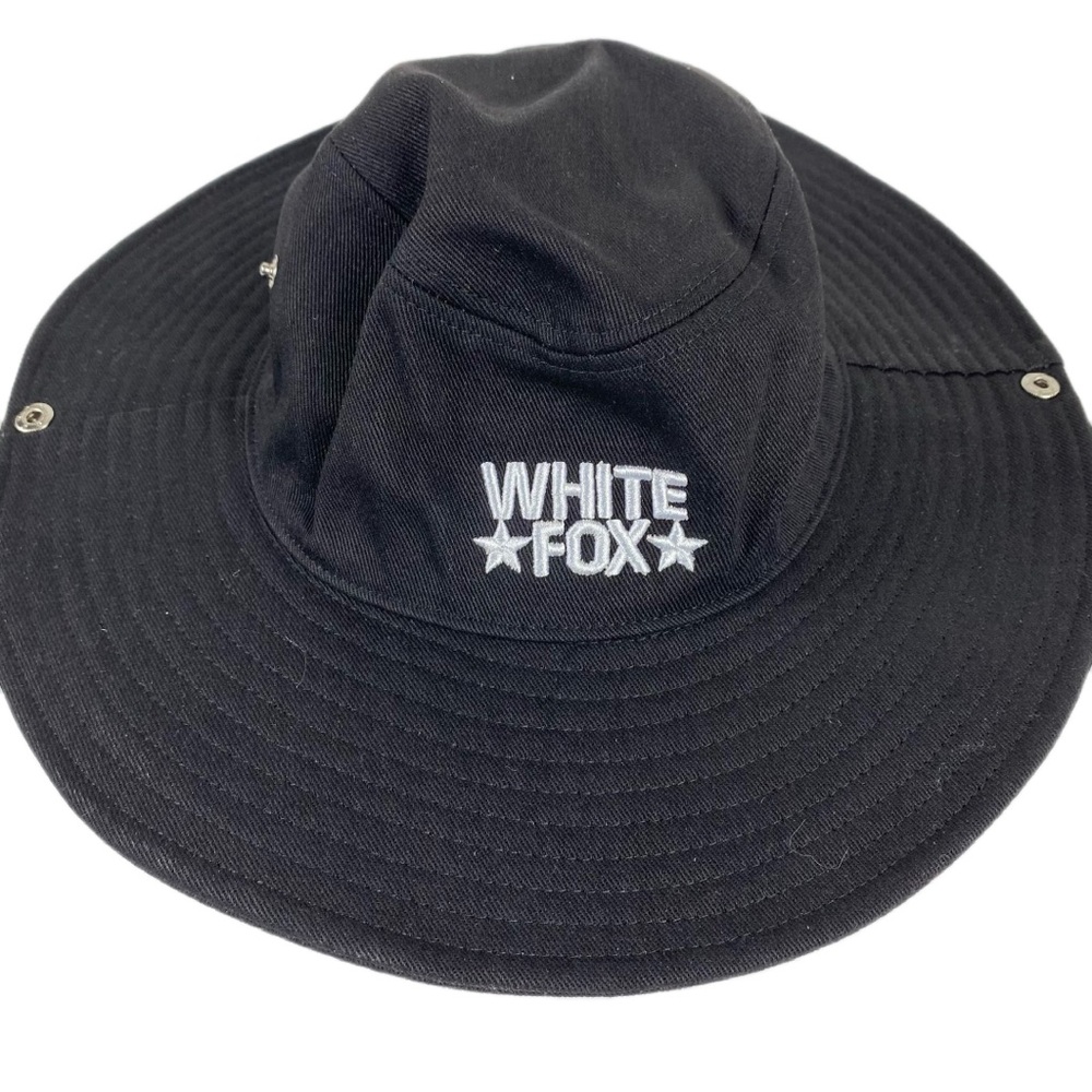 White Fox Black Wide Brim Sun Hat Snap Up Sides Cowboy Style - Picture 2 of 5